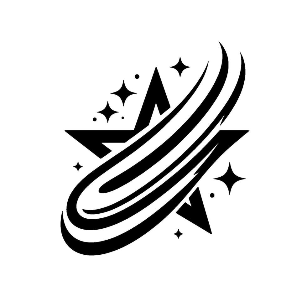 Black and white stylized illustration of a star with curved streaks and additional star accents on a bright white background. vector
