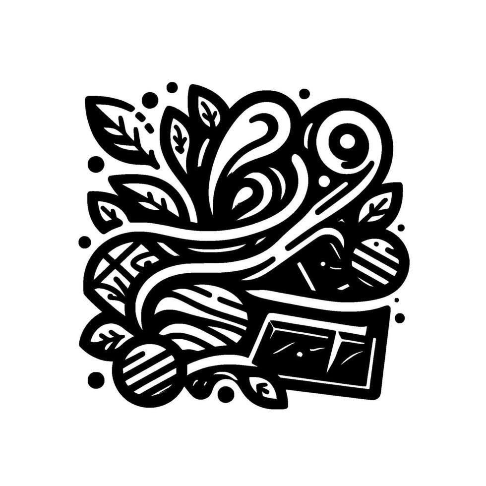 Abstract black and white floral composition with organic flowing lines, stylized leaves, and geometric elements arranged in a balanced square. vector