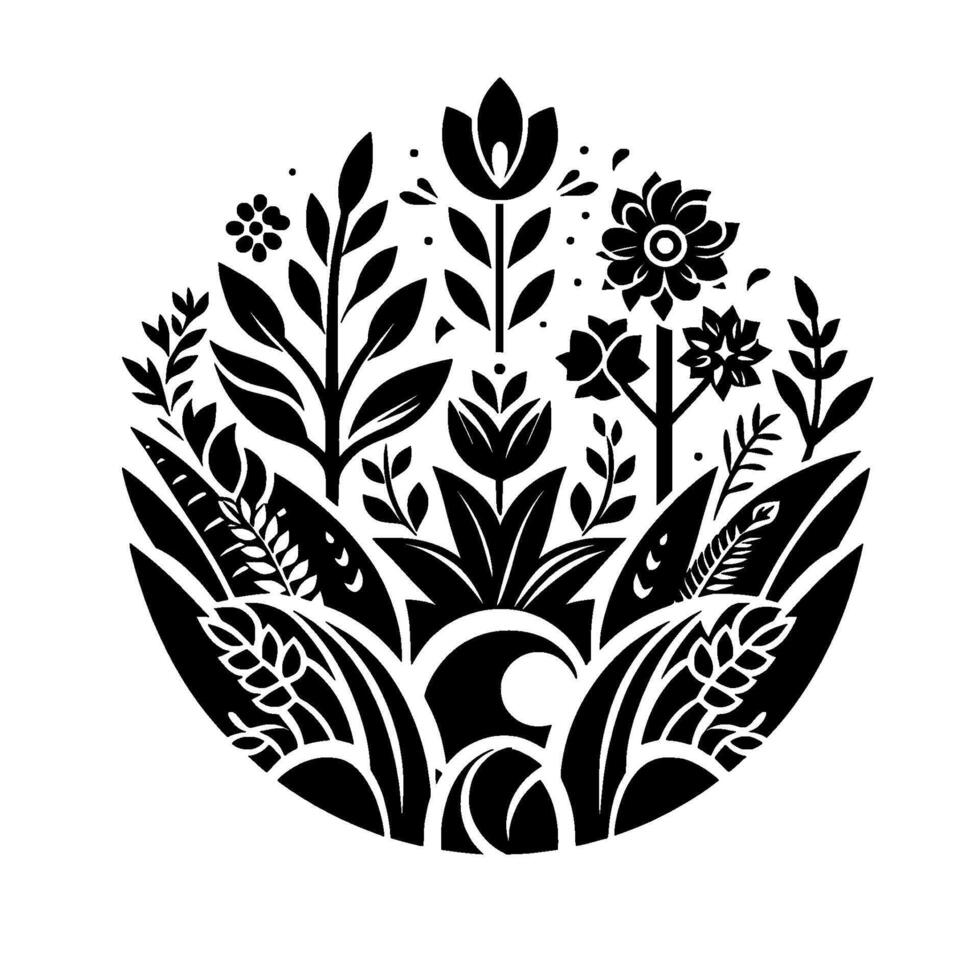 Bold Black and White Floral Arrangement in a Circular Composition Stylized Flowers, Leaves, and Botanical Elements. vector