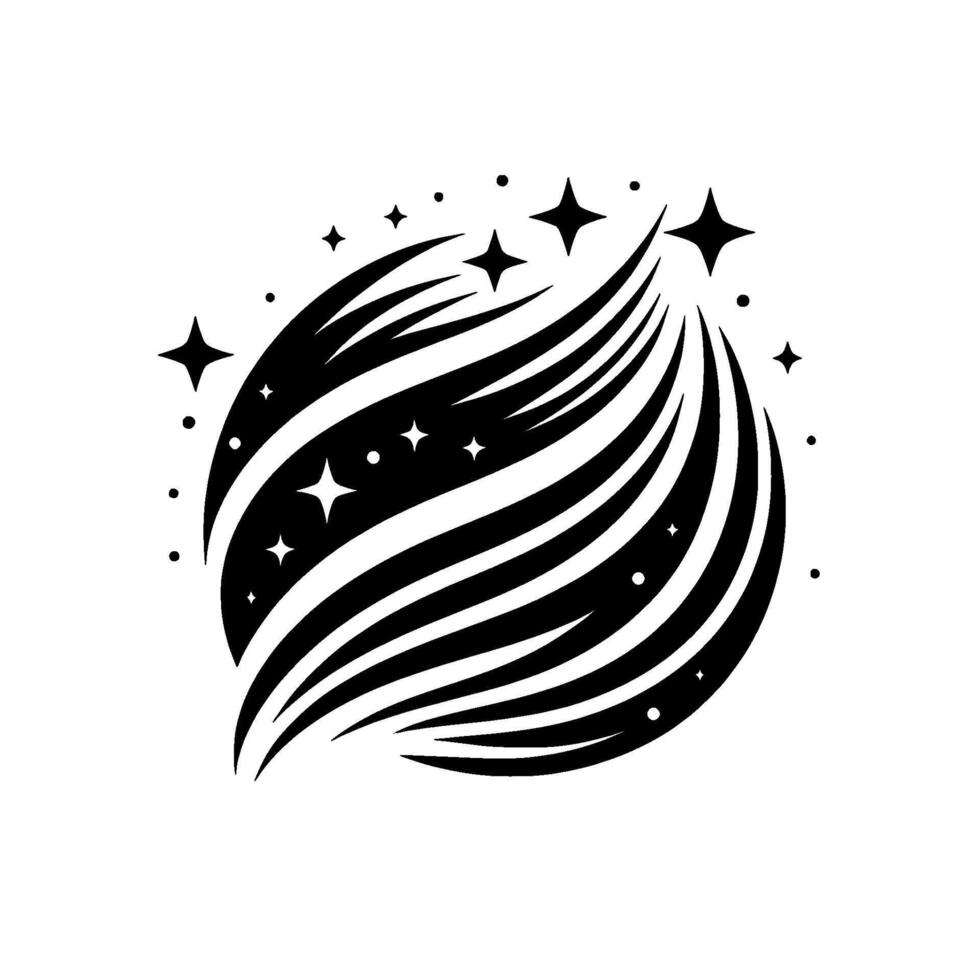 Black and White Abstract Celestial Swirl with Sparkling Stars and Cosmic Dots on a Pristine White Background. vector