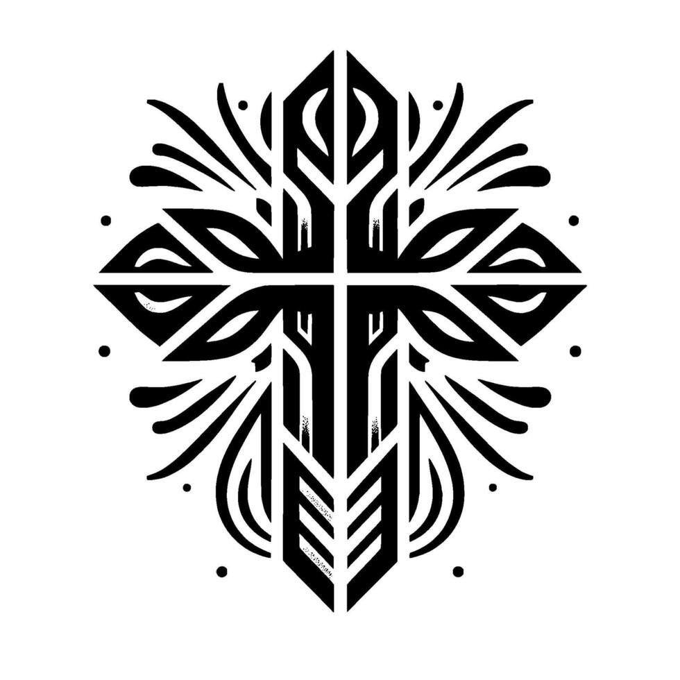 Intricate Black and White Geometric Cross Featuring Stylized Leaves and Organic Elements, Minimalist Aesthetic vector