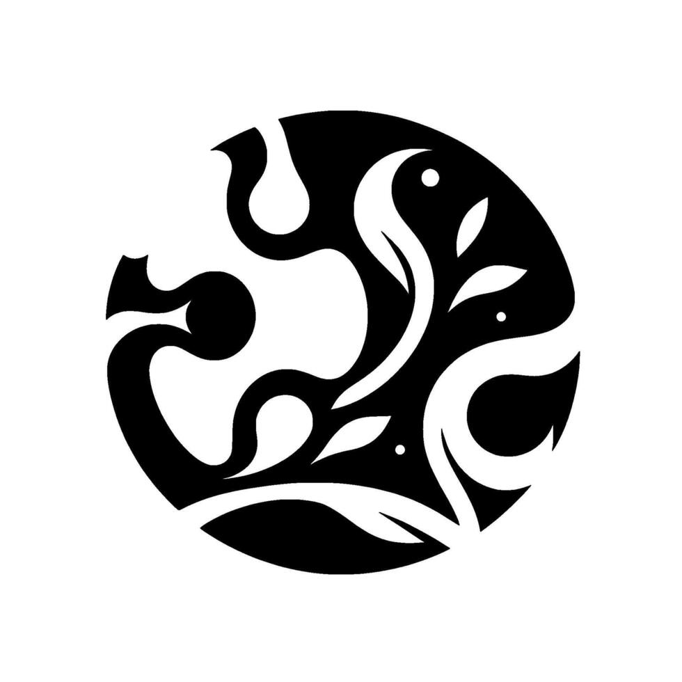 Abstract Black and White Circular with Organic Forms and Leafy Accents, Minimalist Aesthetic vector