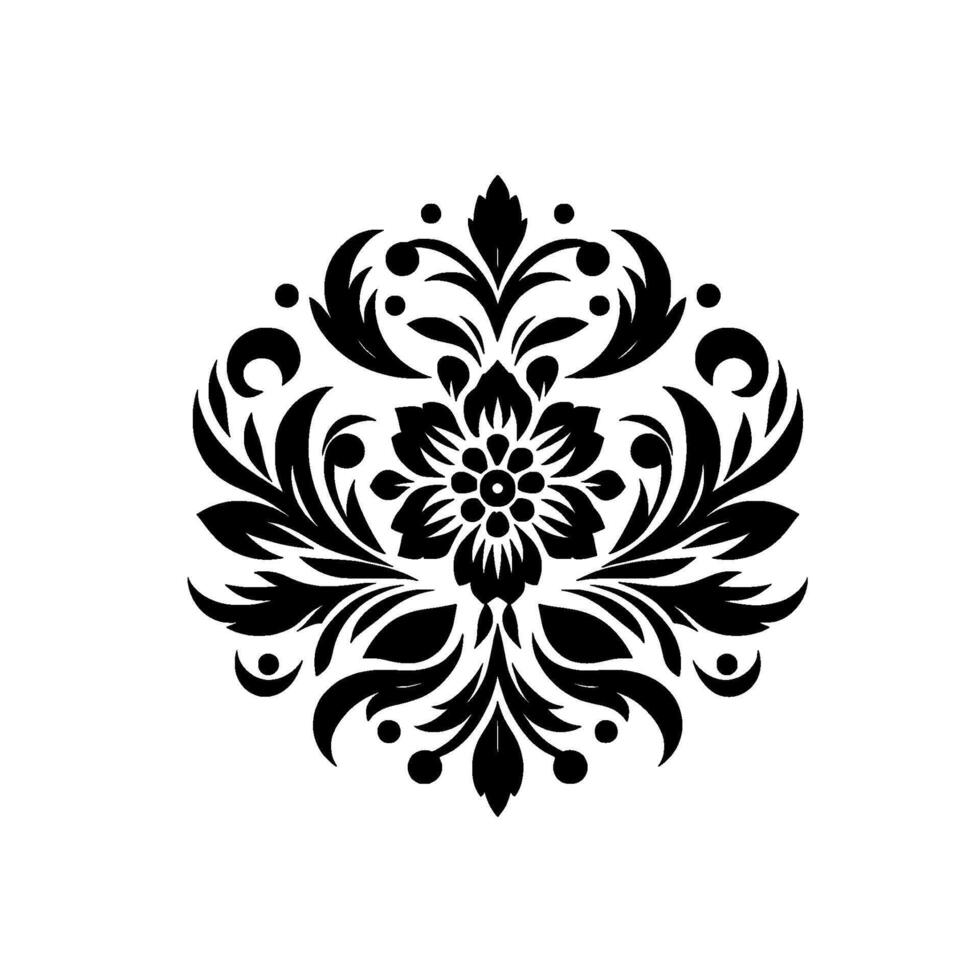 Symmetrical Black Floral on White Background, Featuring Detailed Petals, Leaves, and Ornate Swirls. vector