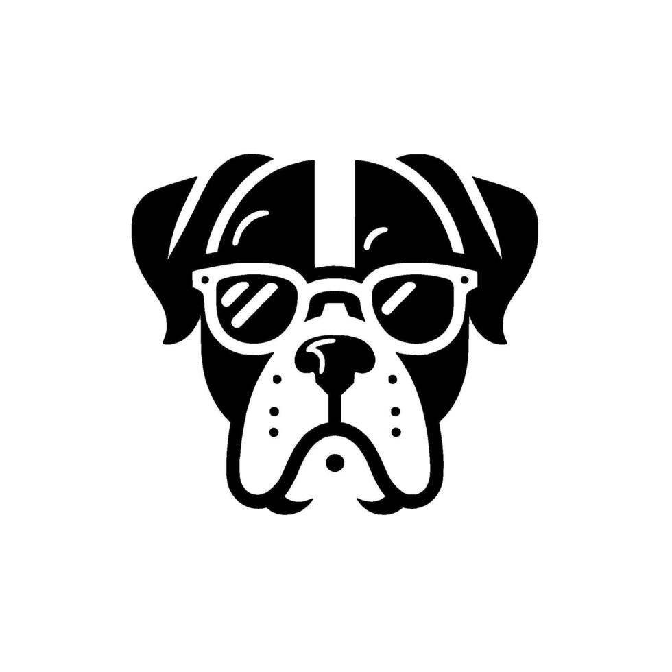 A stylized, monochrome illustration of a Boxer dog wearing hipsterstyle glasses, set against a clean white background. vector