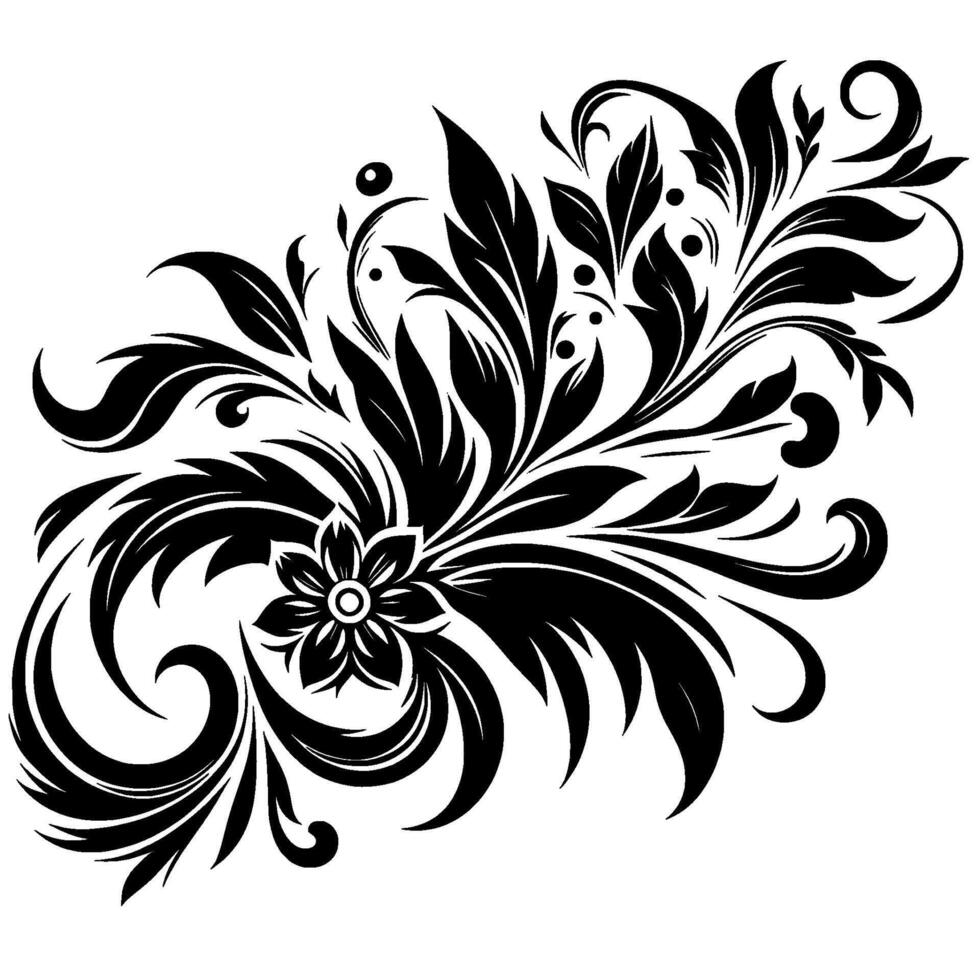 Elegant Black and White Floral Ornament A symmetrical featuring a central stylized flower surrounded by swirling leaves, curls, and delicate details. vector