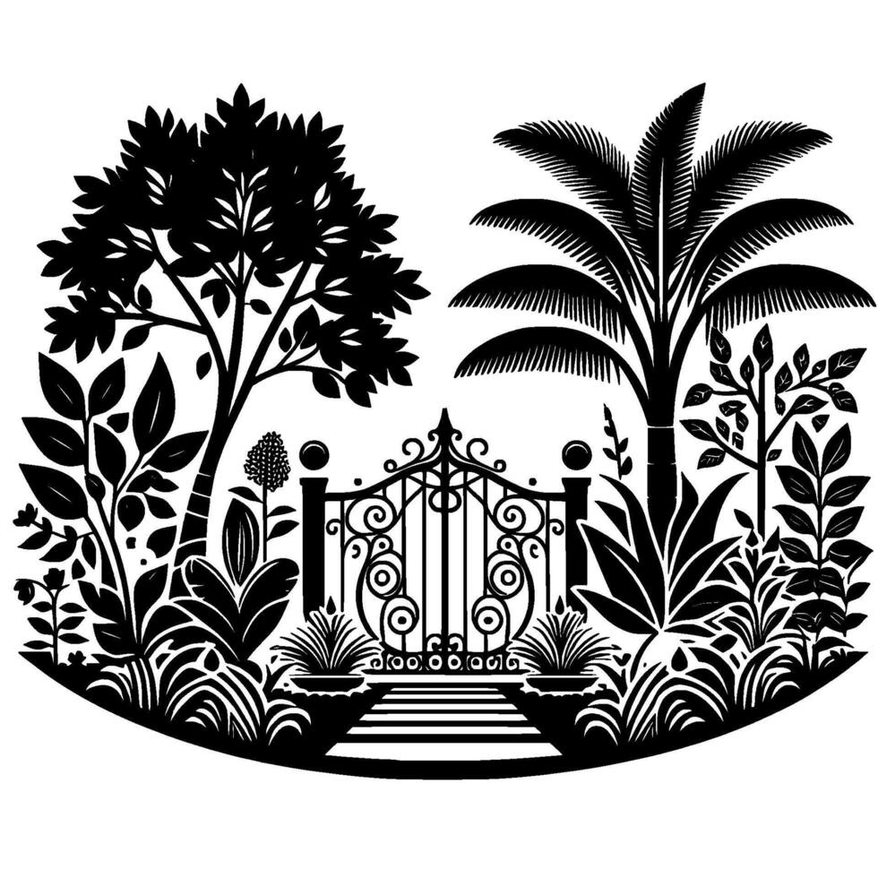 Black and white stylized illustration of an ornamental garden, featuring a wrought iron gate, lush vegetation, trees, and a tropical palm. vector
