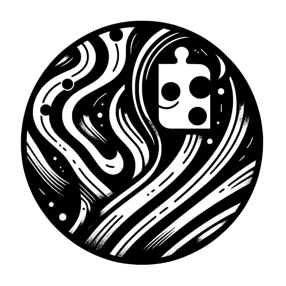 Circular monochrome illustration of a puzzle piece with abstract flowing lines, dots, and a aesthetic. vector
