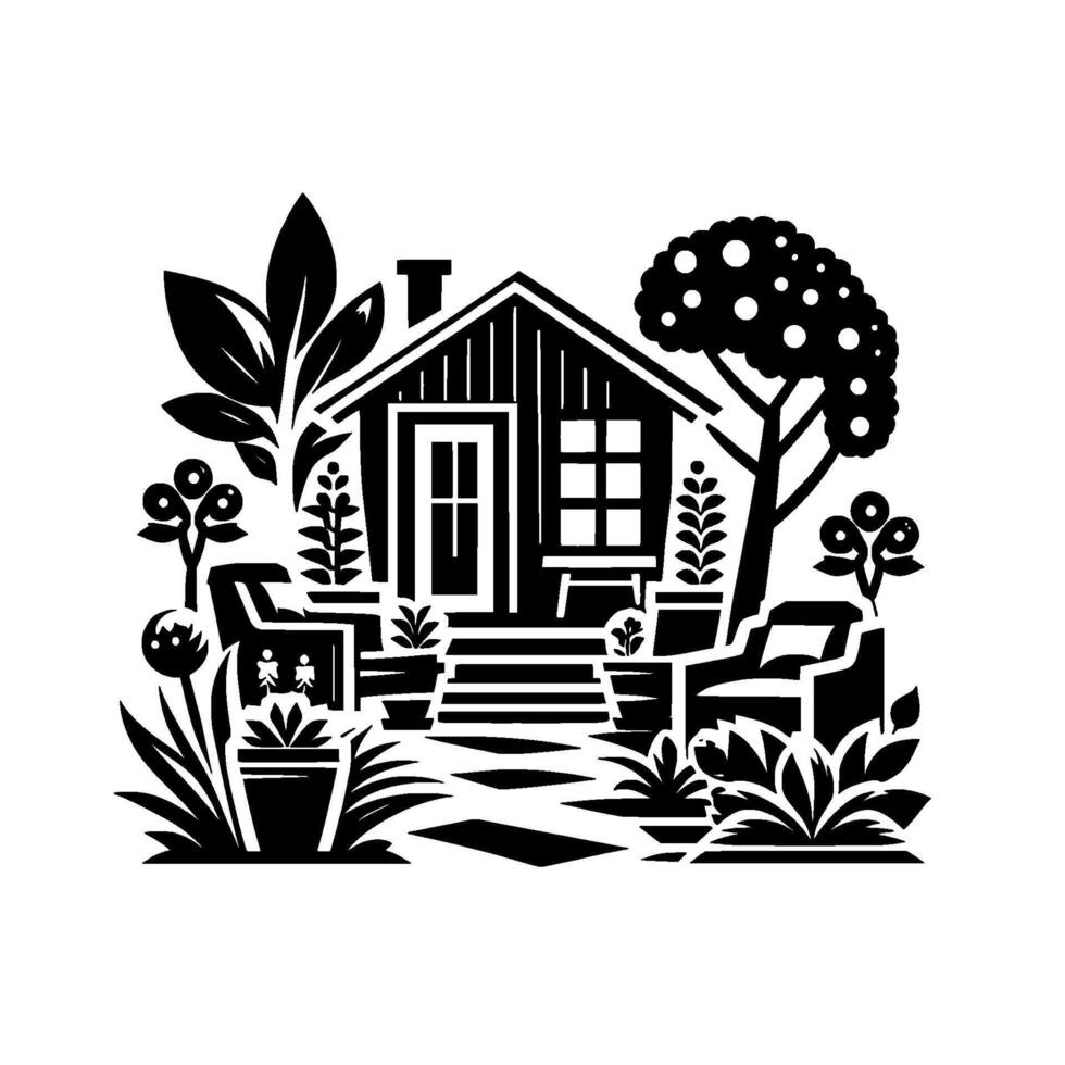 Black White Illustration Cozy Cottage Scene featuring Plants, Tree, Chairs, Pathway, Door, and Potted Flora with a tranquil outdoor space. vector