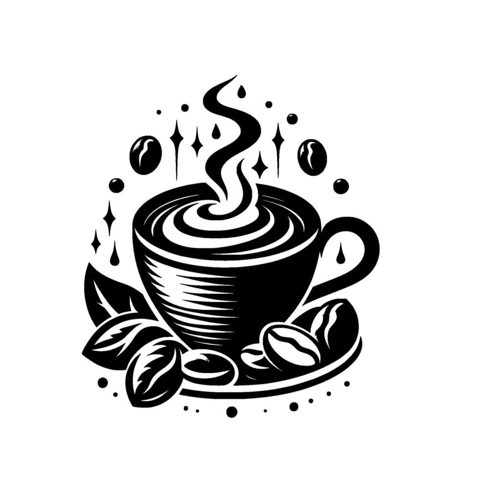 Artistic Black and White Illustration of a Steaming Coffee Cup with Coffee Beans and Leaves, Surrounded by Decorative Elements. vector