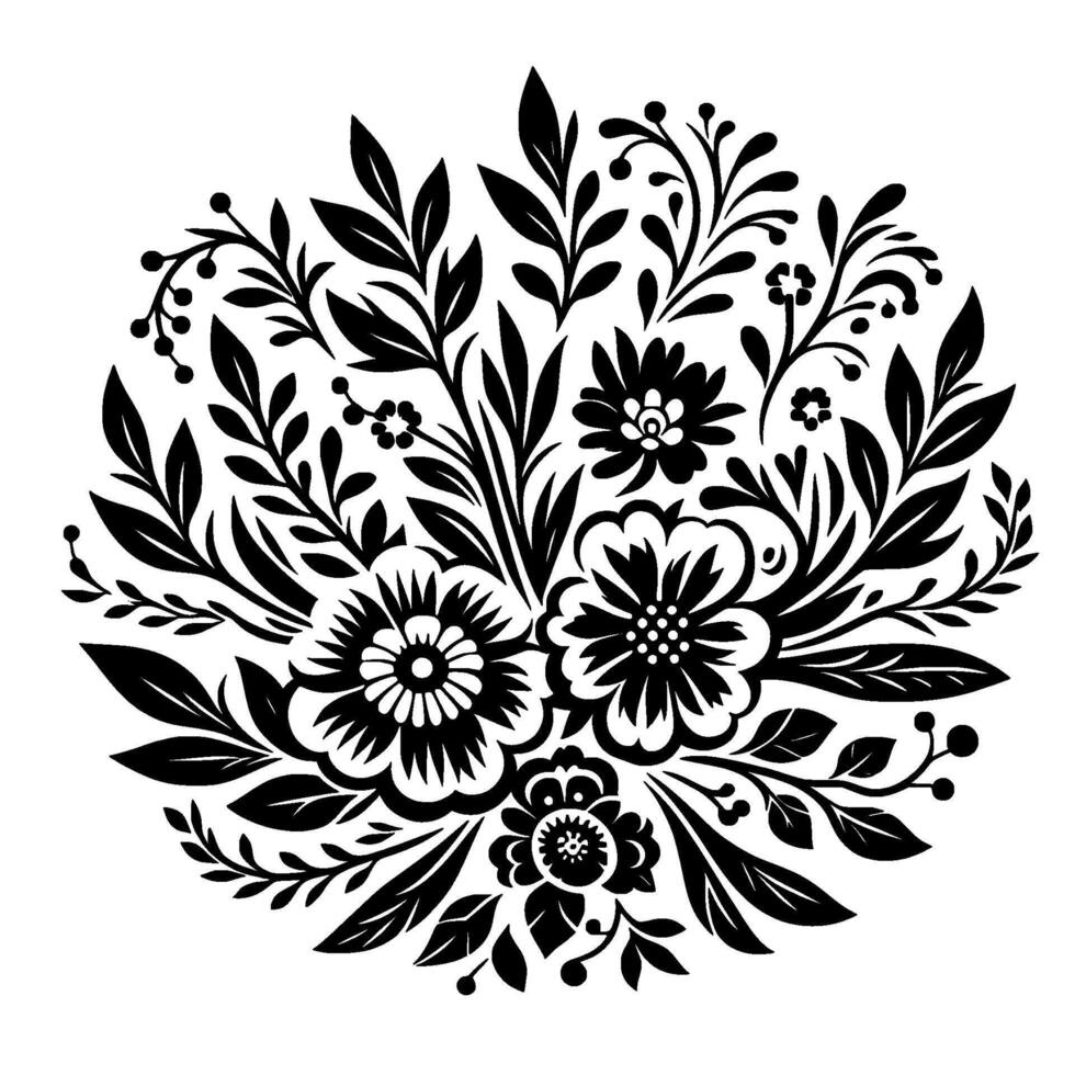 Circular, symmetrical floral in solid black and white, showcasing intricate flower and foliage elements. vector