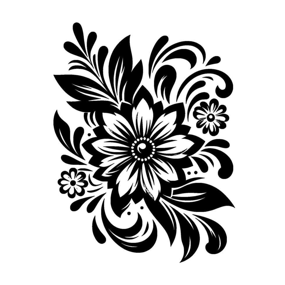 Black and White Floral Illustration Detailed, symmetrical featuring a large central flower and multiple smaller blossoms with decorative leaves and swirls. vector