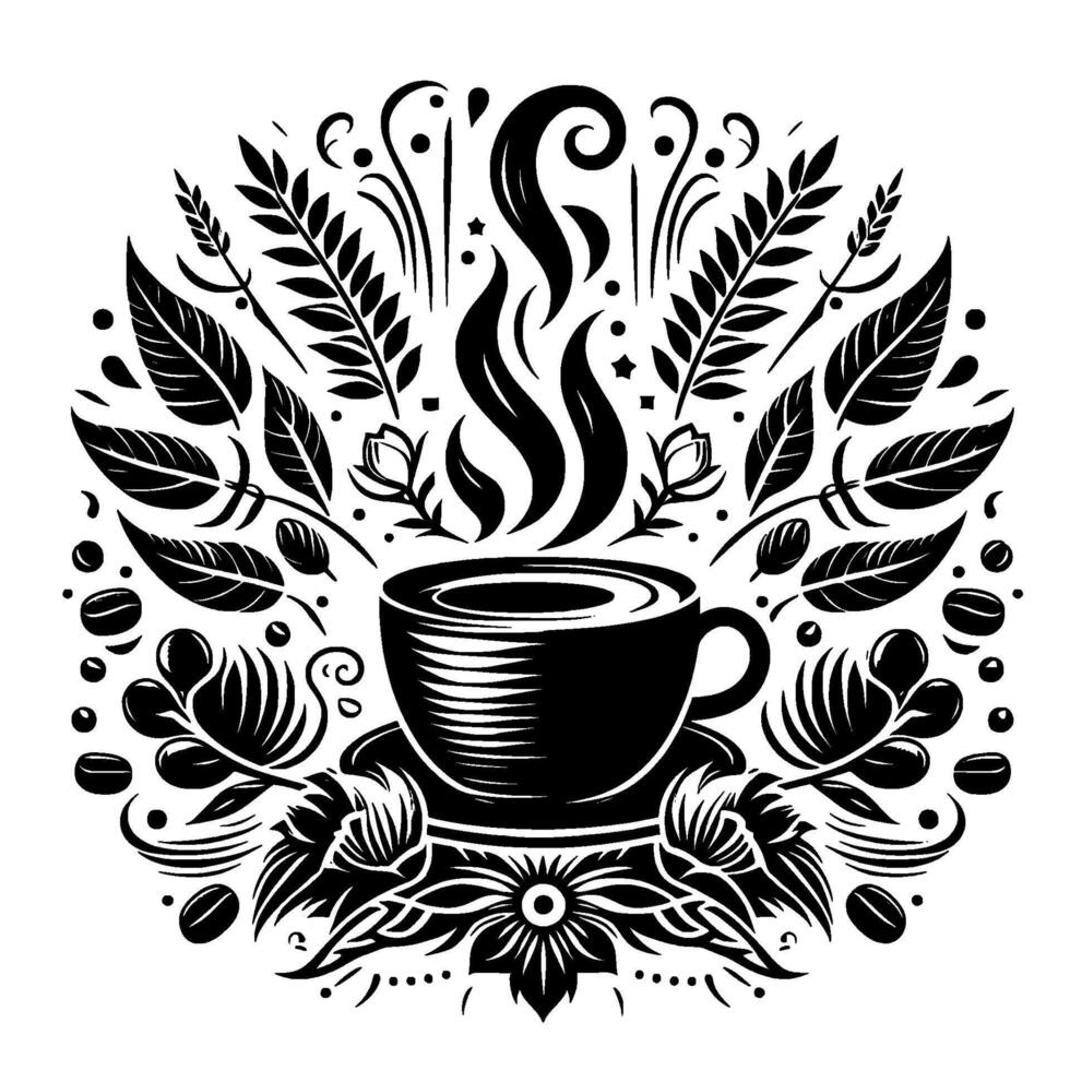 Aromatic Coffee Cup Amidst Intricate Botanical Circle Leafy Branches, Coffee Beans, Floral Embellishments, Steaming Vapor. vector