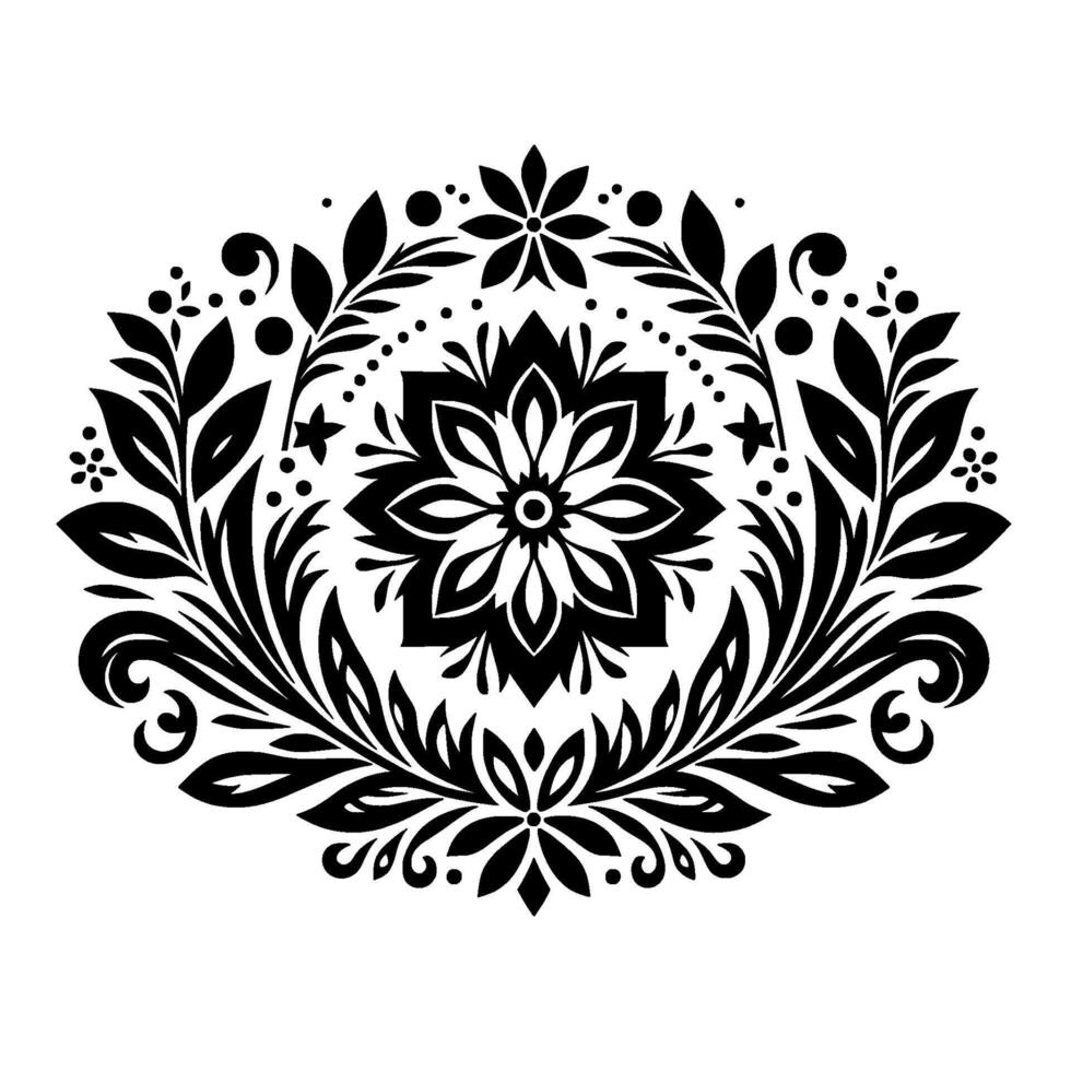 Intricate Black Floral Mandala with Leaves and Dots on a White Background. A Symmetrical Ornament. vector