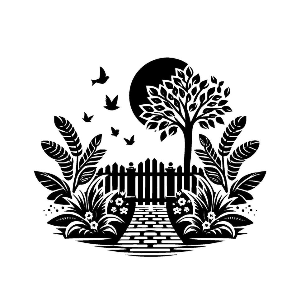 Black and White Silhouette Garden Scene with a Tree, Path, Picket Fence, Birds, Moon, and Lush Floral Surroundings. vector
