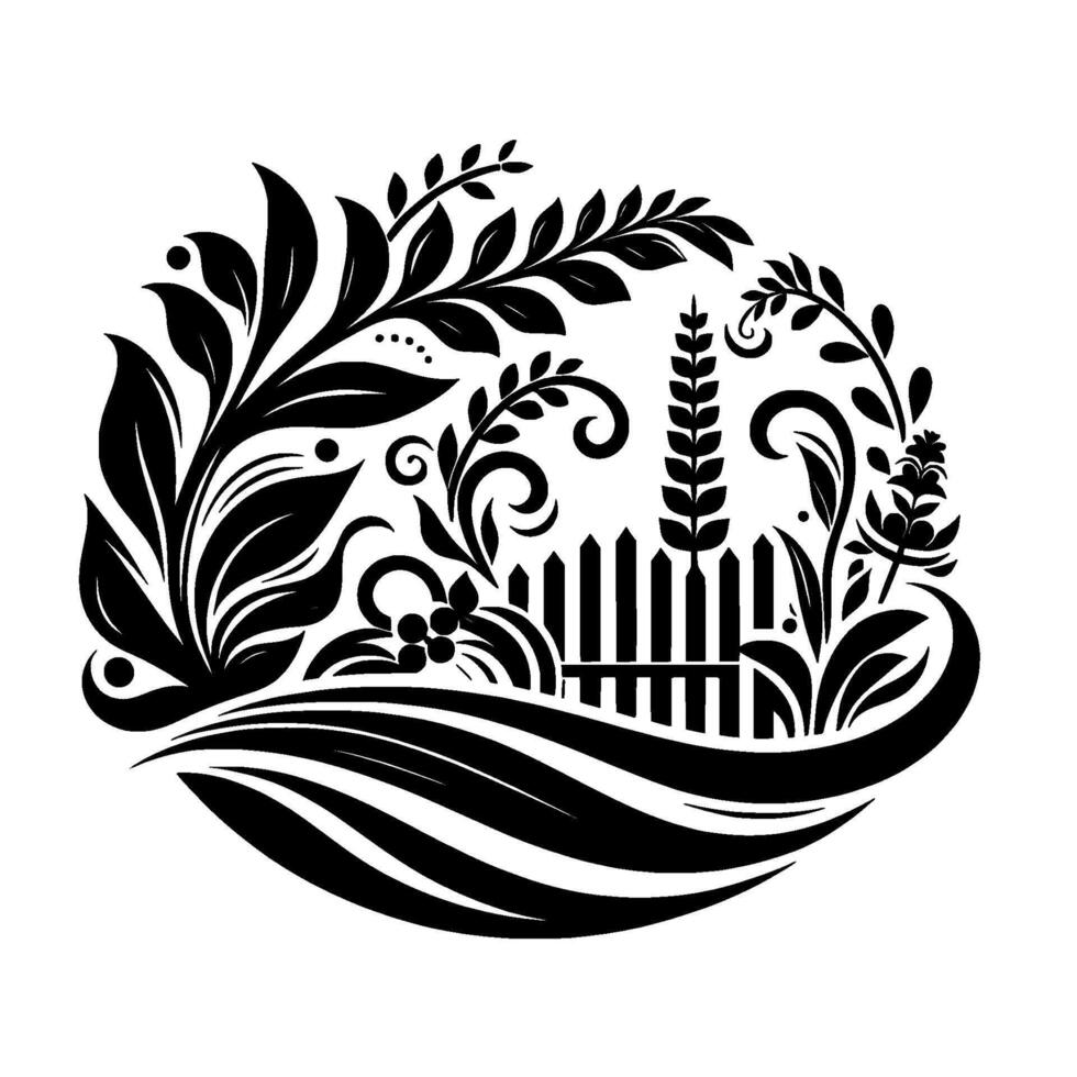 Black and white ornamental garden inside an oval, featuring stylized flora, a fence, and flowing lines. vector