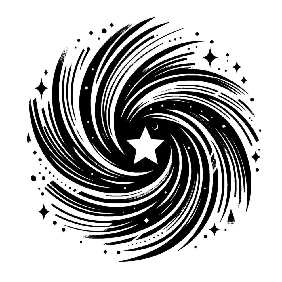 Swirling Black and White Cosmic with a Central Star, Crescent Moon, and Celestial Particles. vector