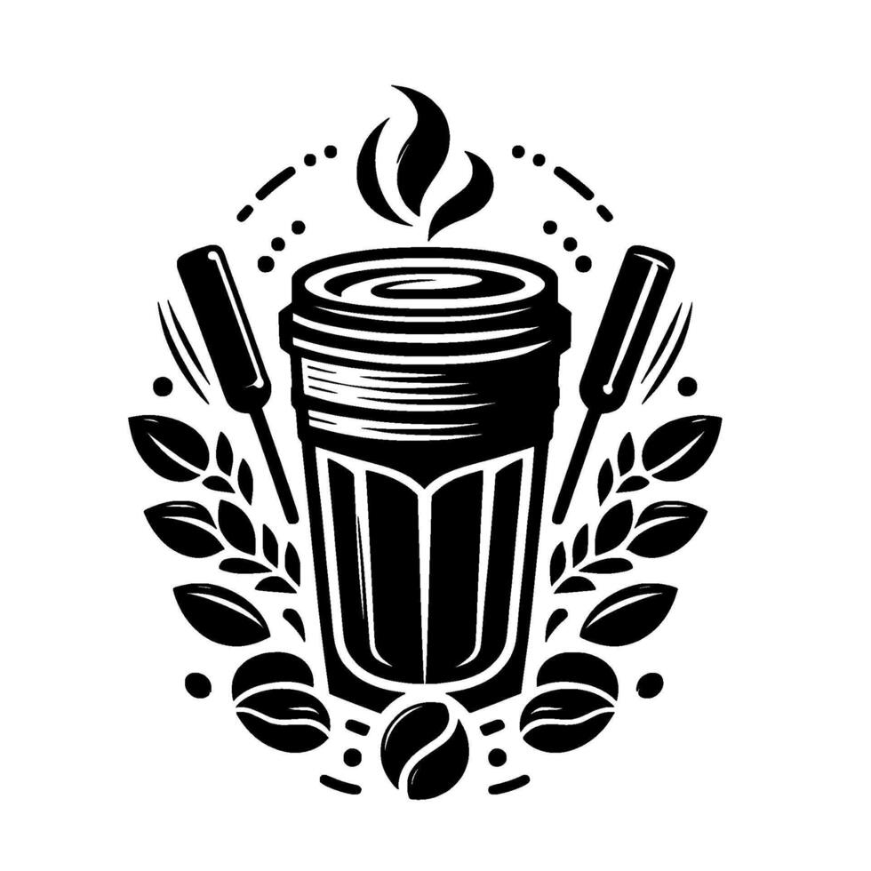 Black and White Illustration of a Steaming Coffee Cup Surrounded by Leaves, Beans, and Stirrers, Emphasizing Freshness and Aroma. vector