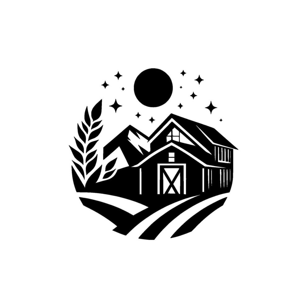 Black and white circular featuring a farm house, mountains, moon, stars, wheat and winding road on a white background. vector