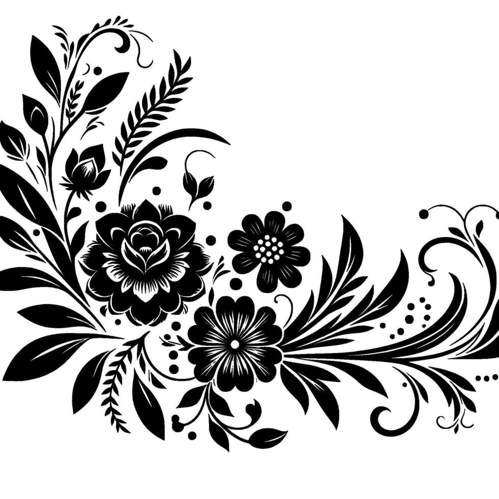 Elegant Black and White Floral Corner with Roses, Leaves, and Decorative Swirls on a White Background. vector