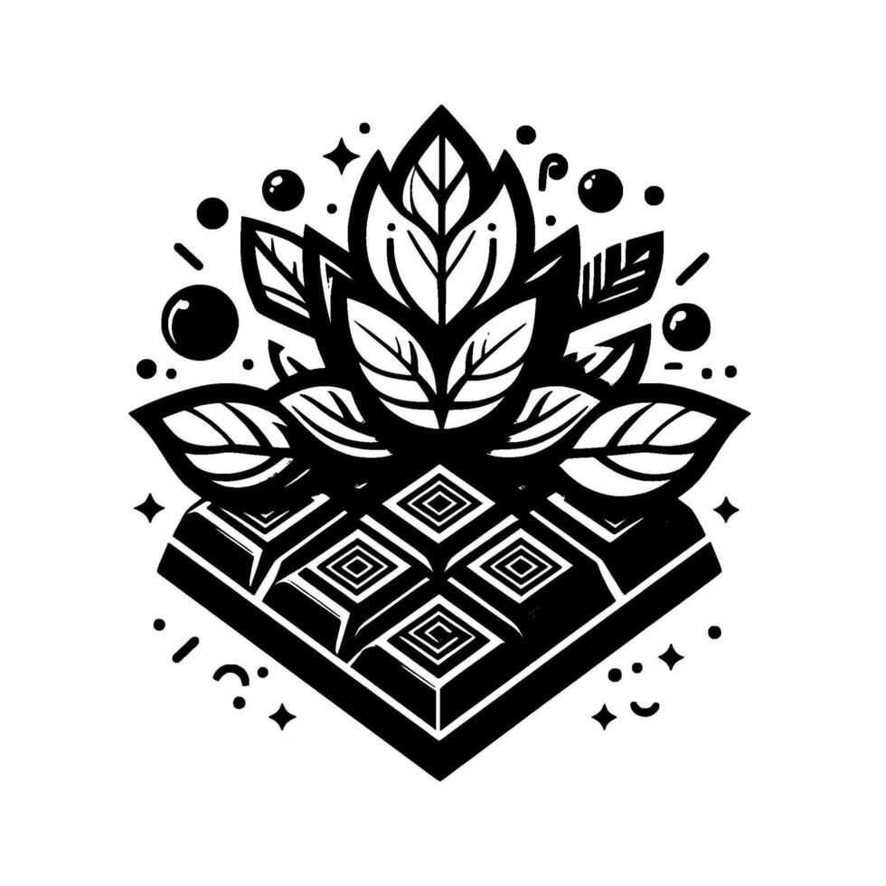 Intricate Black White Digital Illustration Leafy Bloom atop Geometric Block with Scattered Embellishments, Abstract . vector
