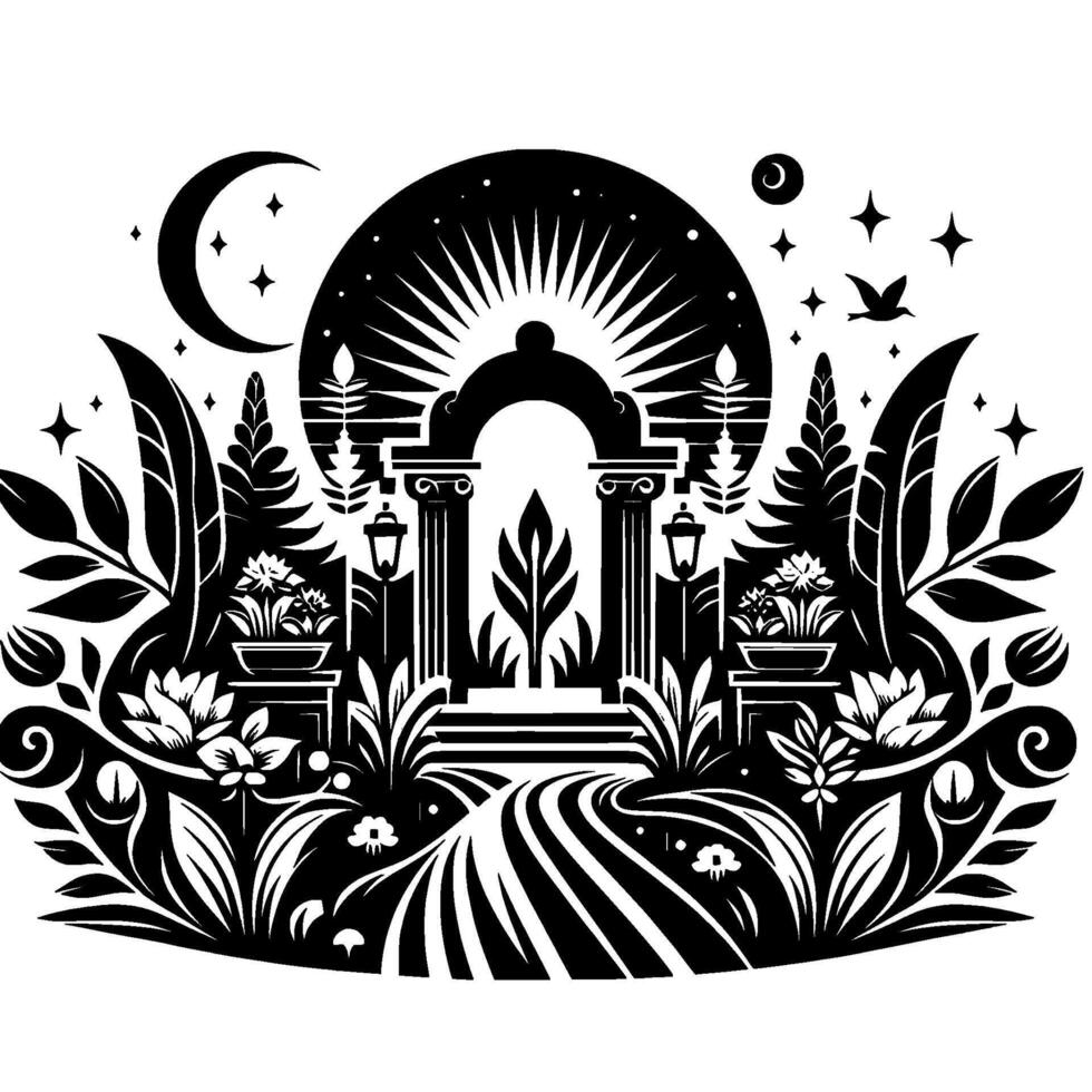 Monochrome Garden Pathway Arcadian nighttime scene with classical archway, floral elements, celestial details, and pathway. vector