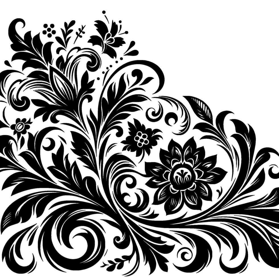 Ornate Black Floral Corner with Detailed Scrolls, Petals, and Leaves Against a Clean White Background. vector
