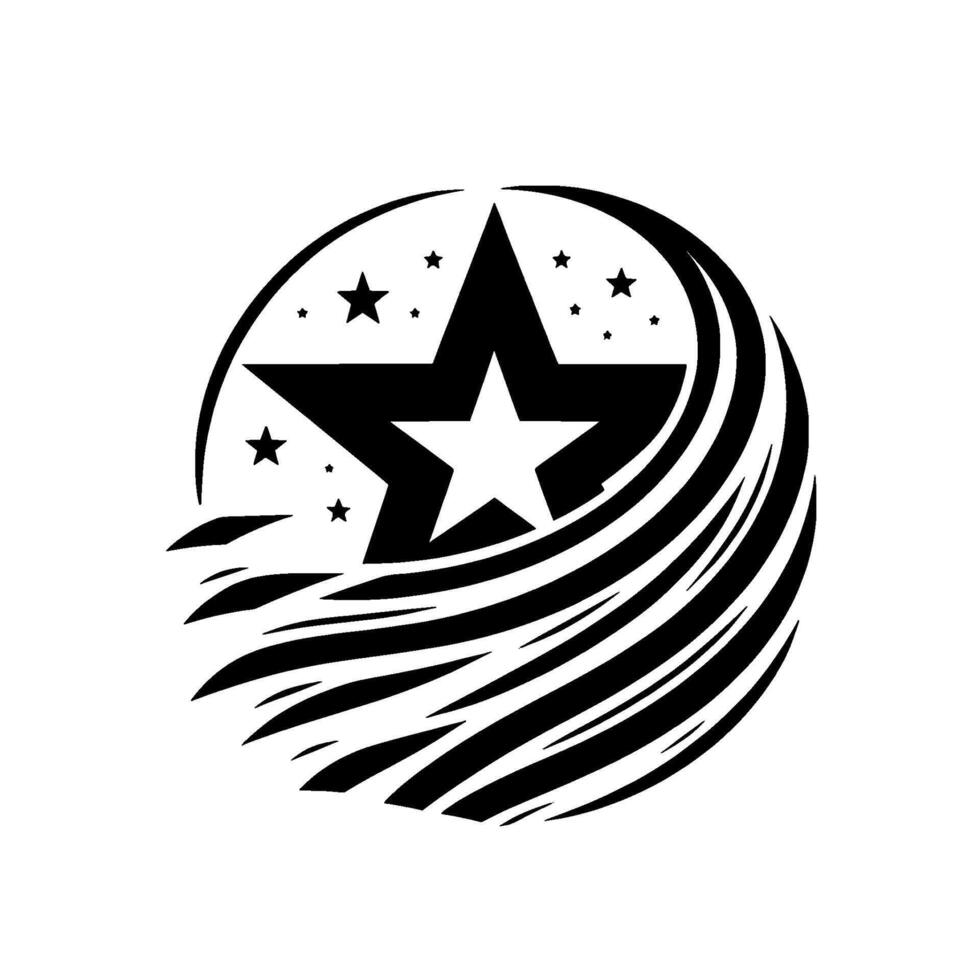 Bold Black and White Emblem A Large Star Within a Circle, Surrounded by Smaller Stars and Dynamic Swirls, Evoking Power and Movement. vector