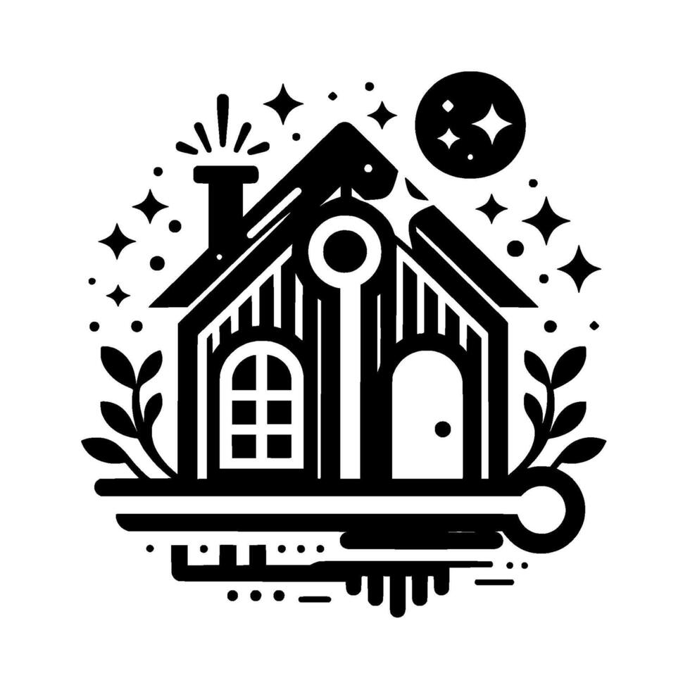 Stylized black white house illustration with key, stars, chimney, and moon, representing home, magic, and security on white. vector