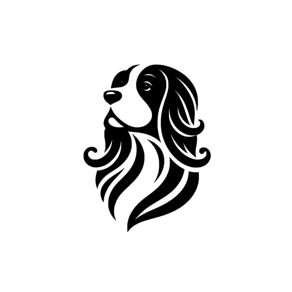 Elegant black and white illustration of a dog, showcasing long wavy fur and a noble gaze against a clean white background. vector