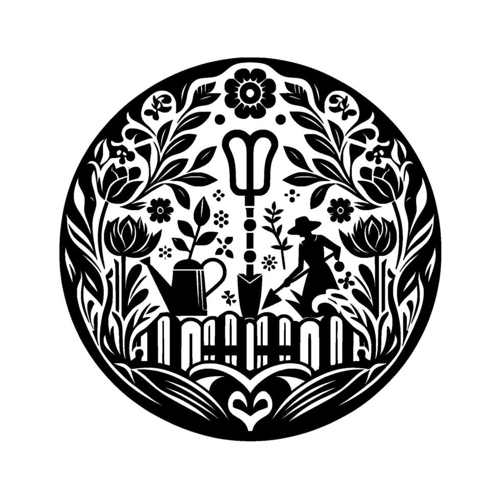 Circular Garden Scene Silhouette woman gardening, surrounded by tools, flowers, foliage, and a fence, in black and white cutout style. vector