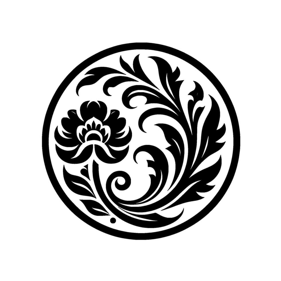 Elegant Black and White Floral Ornament in a Circular Frame, Illustrating Symmetry and Classic Aesthetics. vector