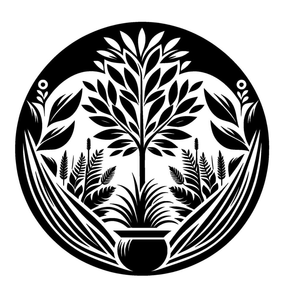 Intricate Black White Circular Illustration A Central Tree in a Pot, Surrounded by Lush Foliage, Forming a NatureInspired . vector