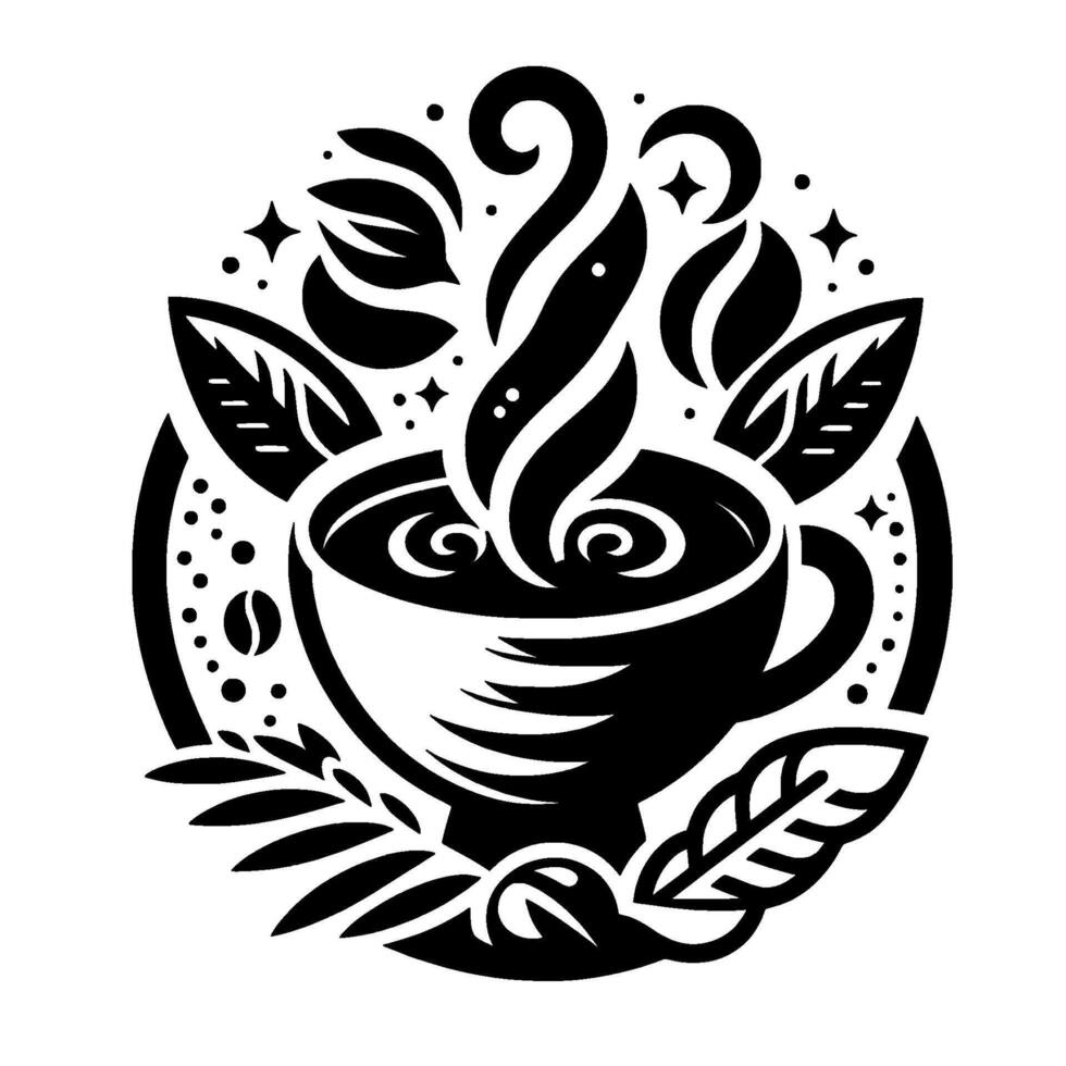 Black and white coffee cup illustration with steam, surrounded by coffee beans, leaves, and sparkling elements in a circular frame. vector
