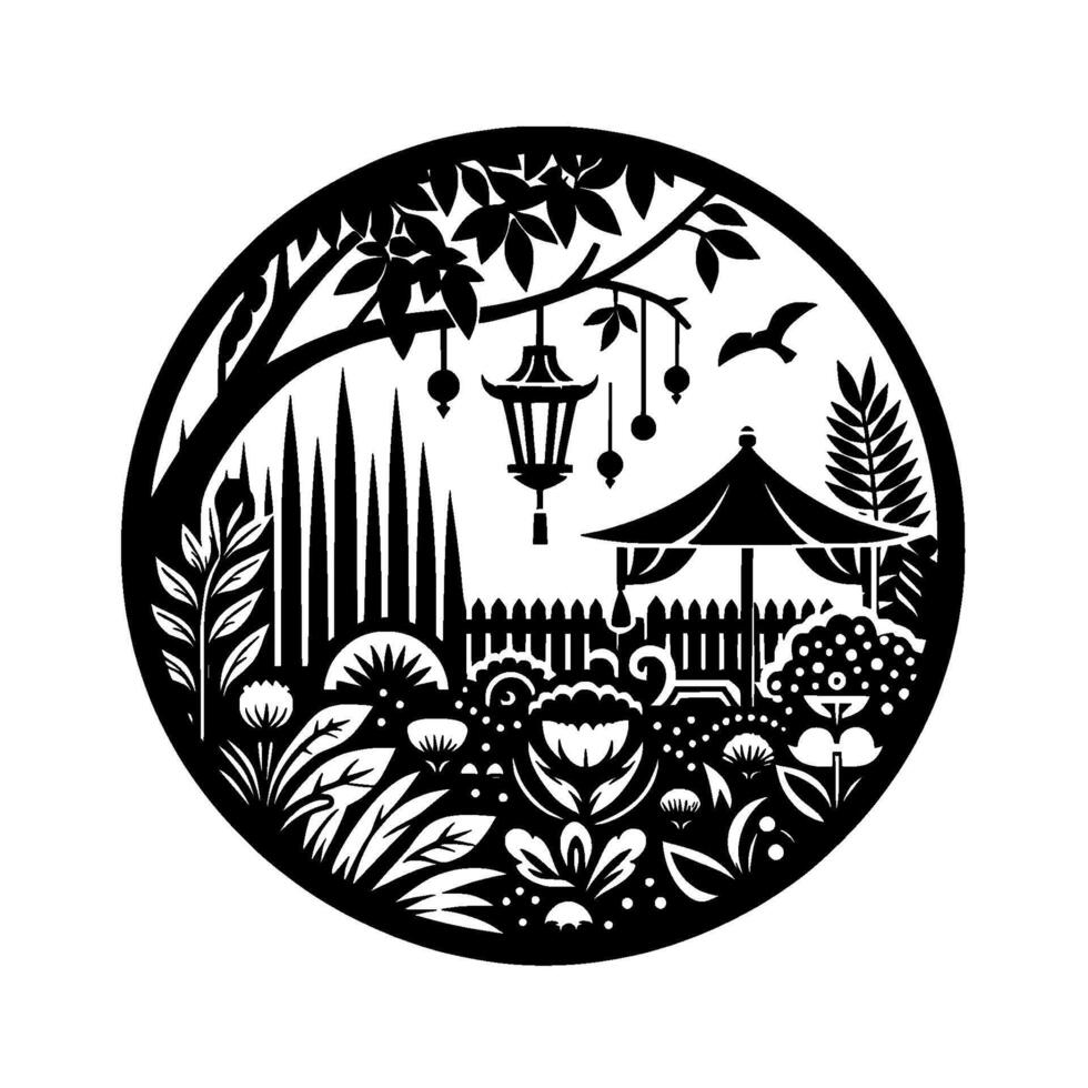 Intricate Black White Garden Silhouette Within a Circle, Featuring Foliage, Bird, Lantern, and Floral Elements. vector
