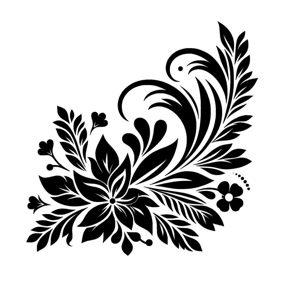 Black and white elegant floral corner with stylized leaves, petals, and swirls, on white background. vector