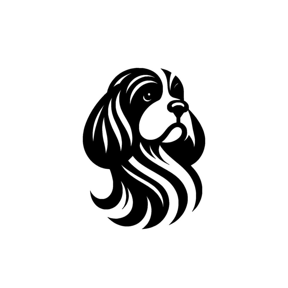Artistic Black and White Dog Head Illustration Simplified Portrait with Striking Striped Hair Detailing on White Background. vector