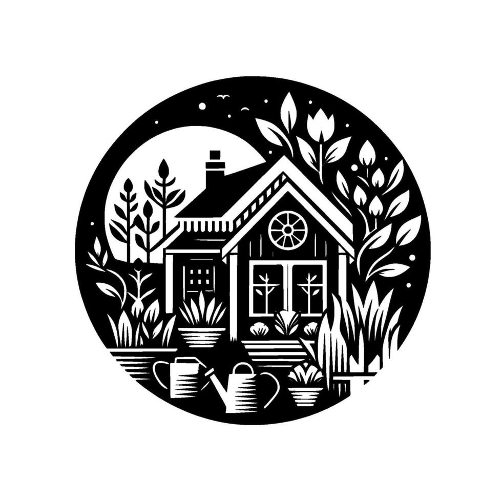 Stylized Black and White Circular Illustration Charming Cottage Garden with Plants, Watering Cans, and a Moonlit Sky. vector