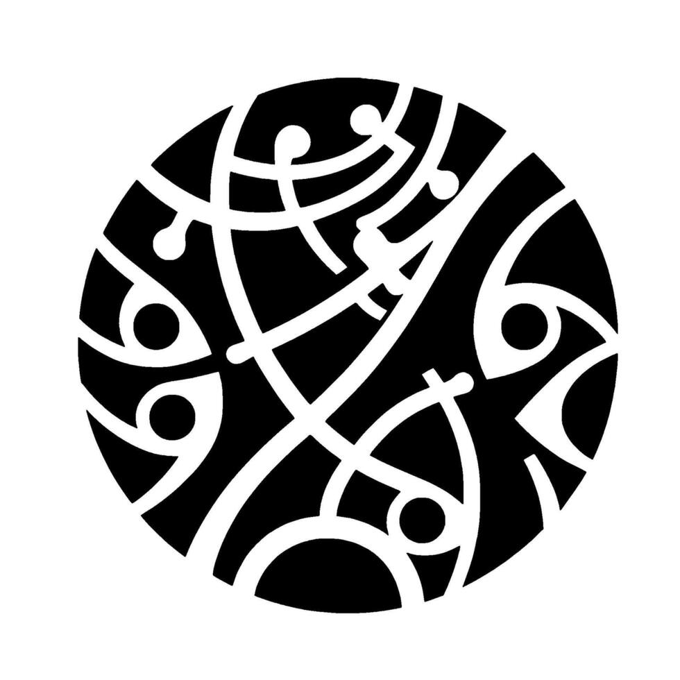Abstract black and white circular featuring interconnected curved lines, rounded shapes, and dot accents within a stark, contrasting composition. vector