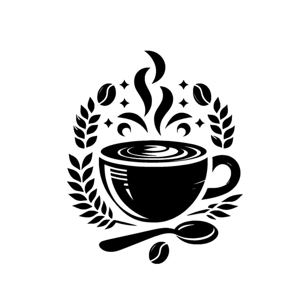 Monochromatic coffee emblem featuring a steaming cup, coffee beans, wheat stalks, spoon, and celestial accents against a clean white backdrop. vector