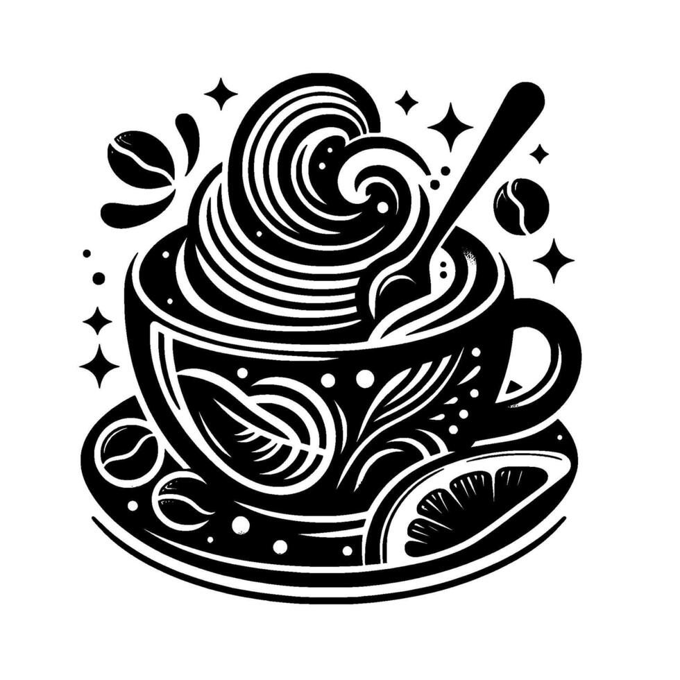 Elegant Black and White Illustration of a Decorated Coffee Cup, Whipped Cream Swirls, and Coffee Beans, Surrounded by Stars and a Citrus Slice. vector