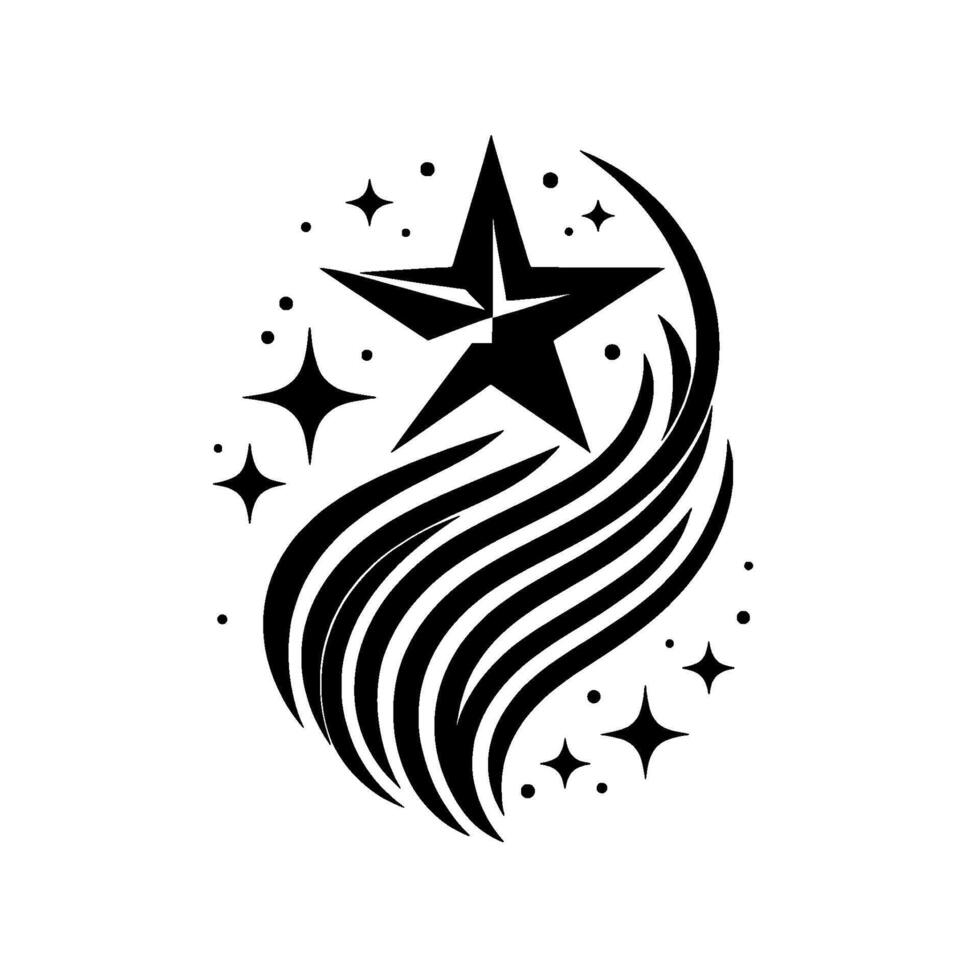 Black and White Celestial Featuring a Stylized Star with Streamerlike Elements and Scattered Starbursts Against White vector