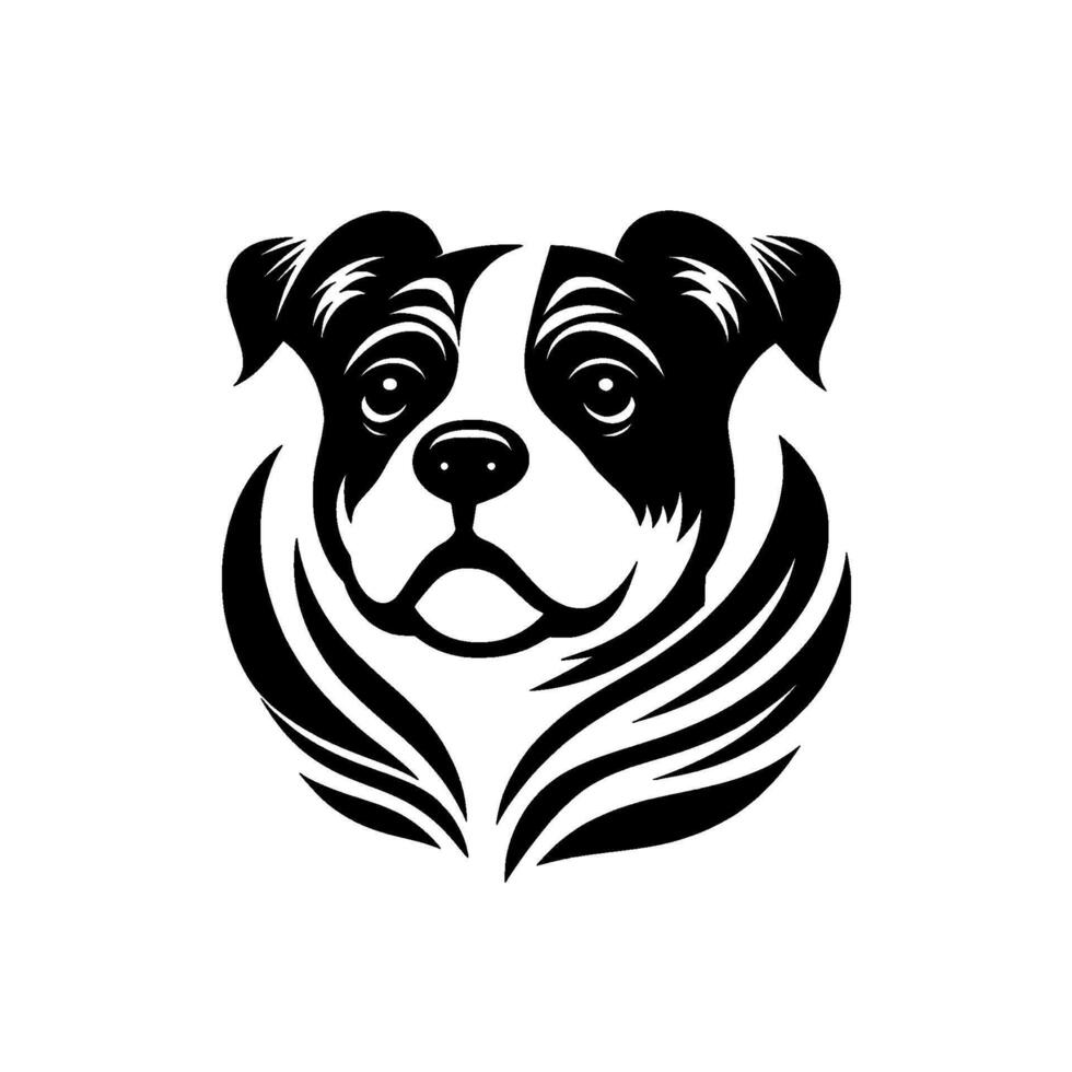 Artistic, bold black and white illustration of a friendly bulldog head with stylized symmetrical facial features, decorative neck, and a clean background. vector