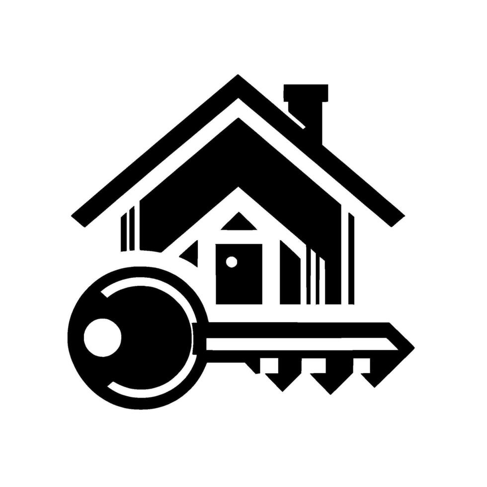 Minimalist Black White Real Estate Featuring a House Silhouette with a Key, Set Against a Circular White Background. vector
