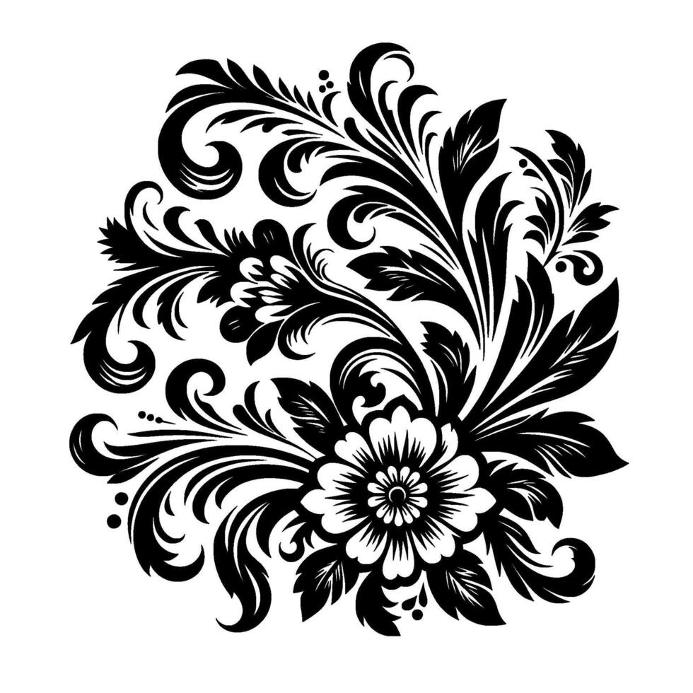 Elegant Black and White Floral Ornament with Flowing Leaves, Swirls, and a Central Flower, Isolated on White vector