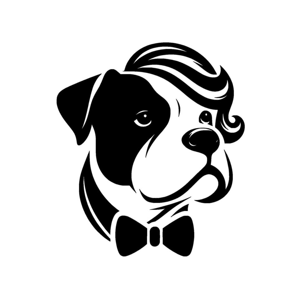 Monochrome Bulldog Dapper Dog with Curly Hair, a Bowtie, and Black White Aesthetics on White vector