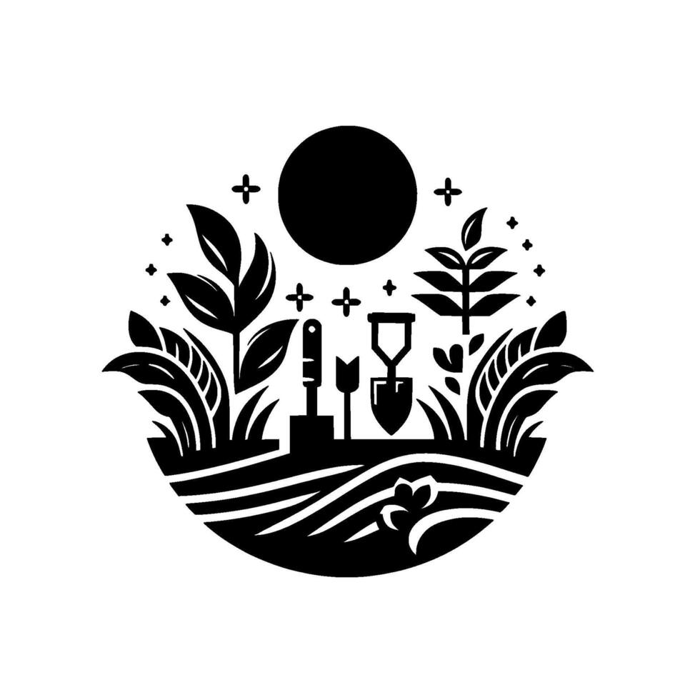 Stylized Circular Garden Scene Depicting Tools, Plants, Moon, and Starbursts in Black and White, Art. vector