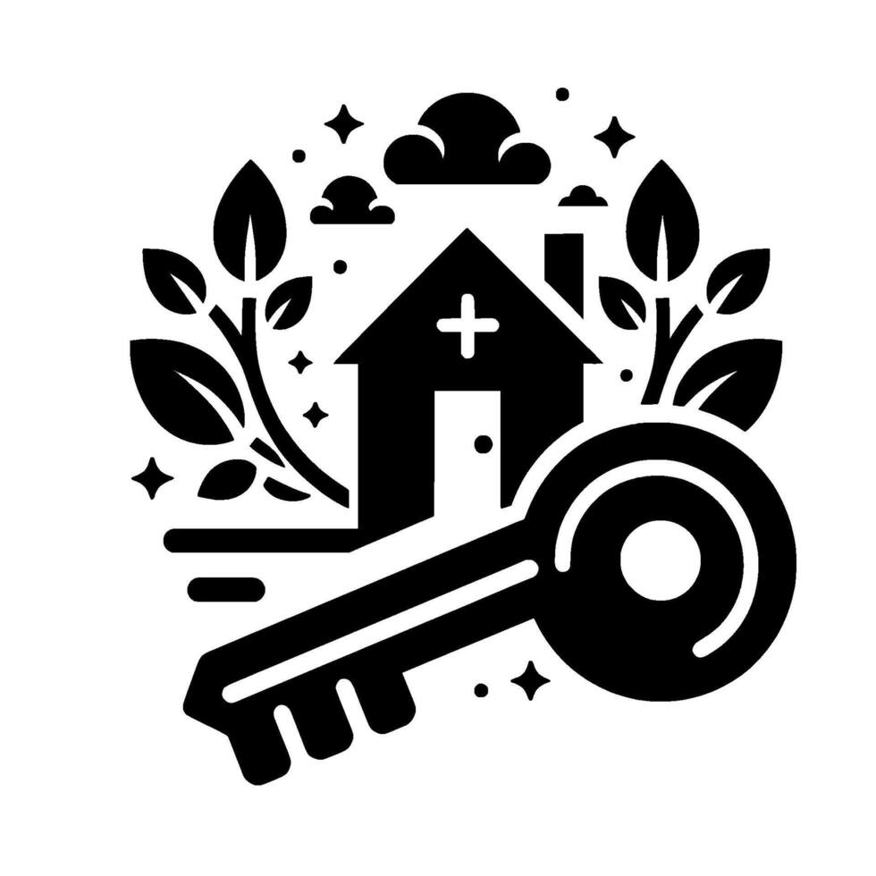 Symbolic Black White Illustration A Home, a Key, Botanical Elements, and Celestial Accents, Conveying concepts of homeownership and security. vector