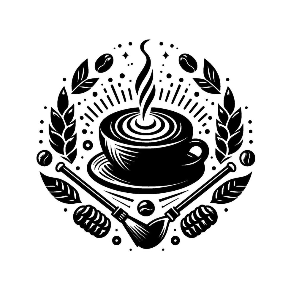 Intricate Black and White Coffee Shop Emblem Featuring Steaming Cup, Laurel Wreath, Broomsticks, and Coffee Bean Accents vector