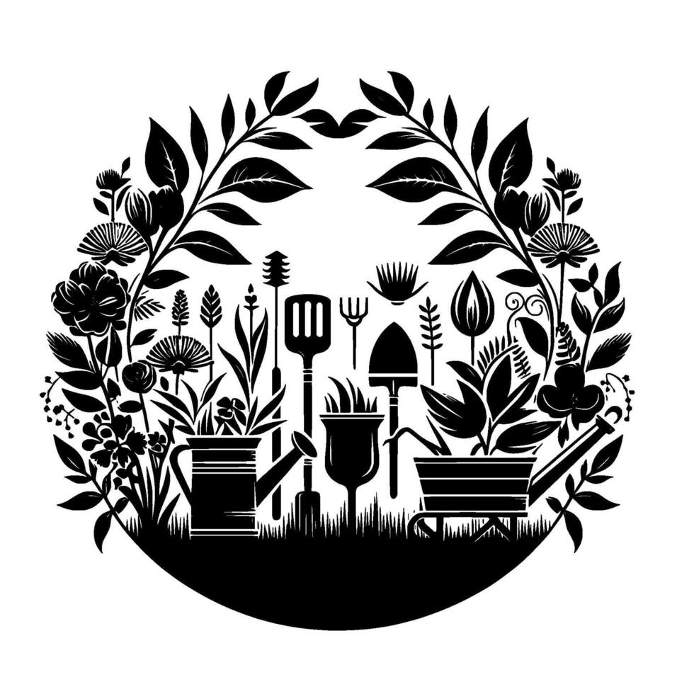 Monochromatic Garden Illustration Circle Composition of Tools, Flora, and Foliage, Evoking Natures Charm. vector