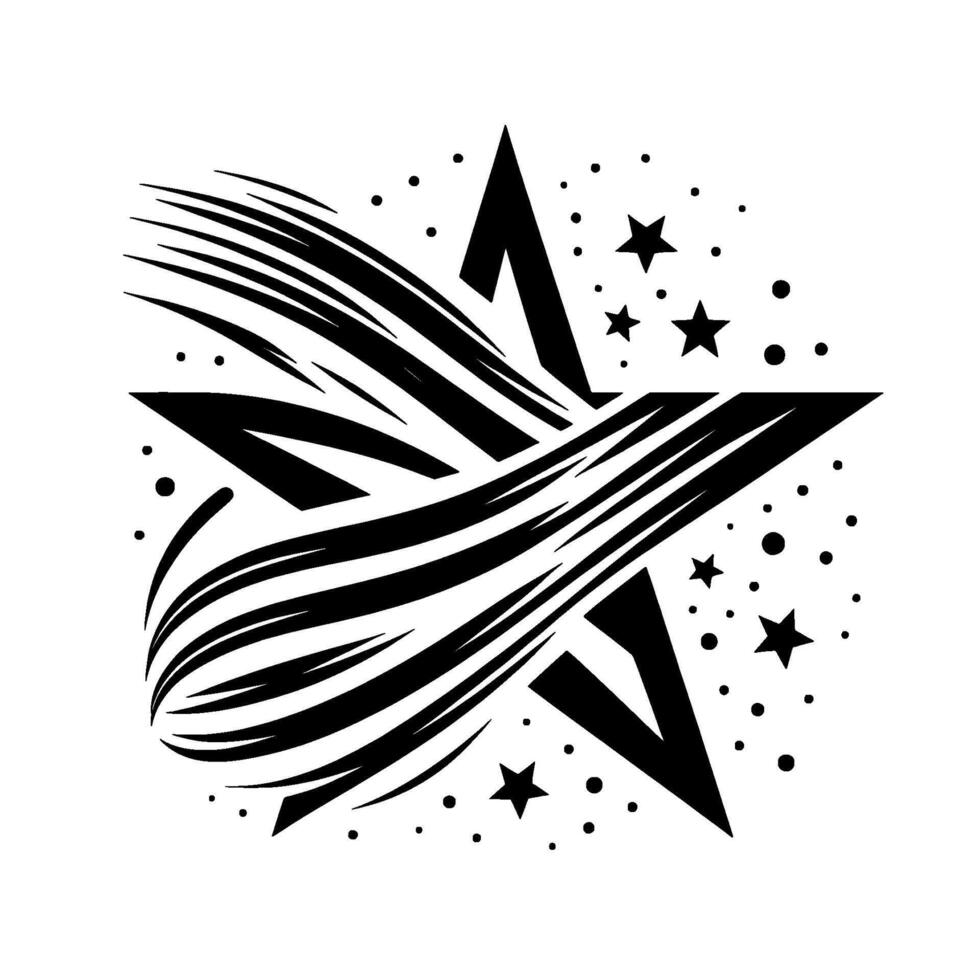 Bold Black Starburst with Streamlined Comet Trails and Scattered Stellar Elements on a White Background. vector